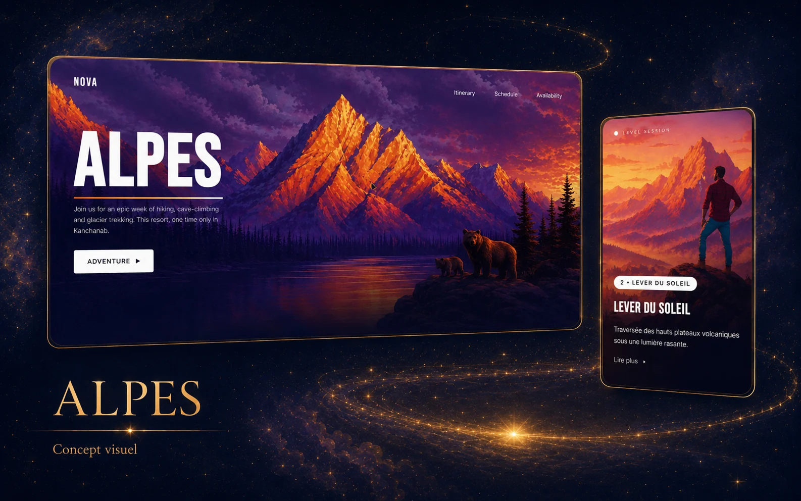 Maquette du concept « Venez découvrir les Alpes », page de découverte des Alpes en pixel art